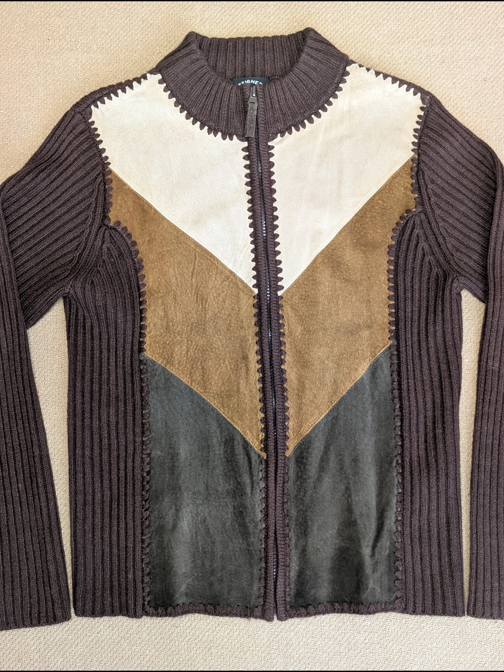 Vintage Designers Studio Originals Leather Suede Knit Patchwork Zip Up Sweater